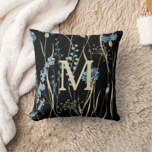 Coussin Monogramme Floral Bleu et Or sur Noir