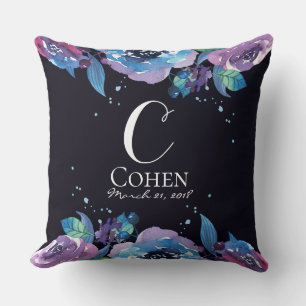 Coussin Monogramme floral bleu violet lunatique