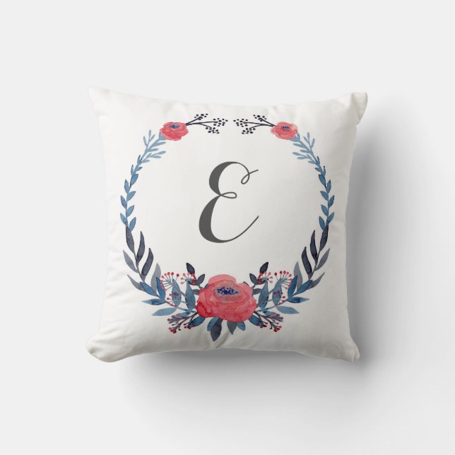 Coussin Monogramme floral des roses rouges | d'aquarelle (Recto)