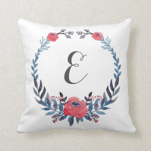 Coussin Monogramme floral des roses rouges   d'aquarelle