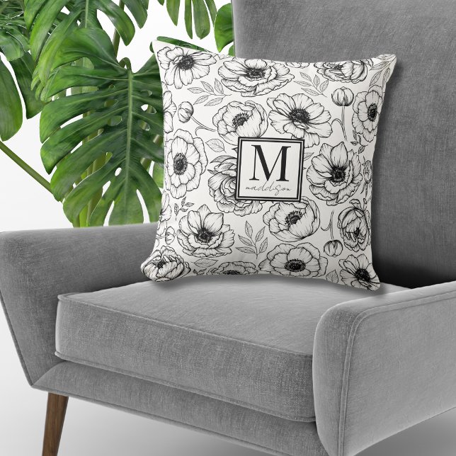 Coussin Monogramme Floral Élégant (Elegant Floral Monogram Throw Pillow)