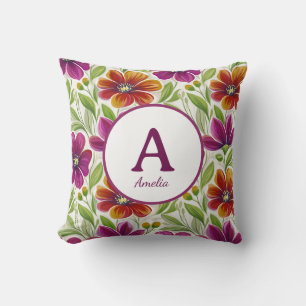 Coussin Monogramme floral élégant et chic de printemps
