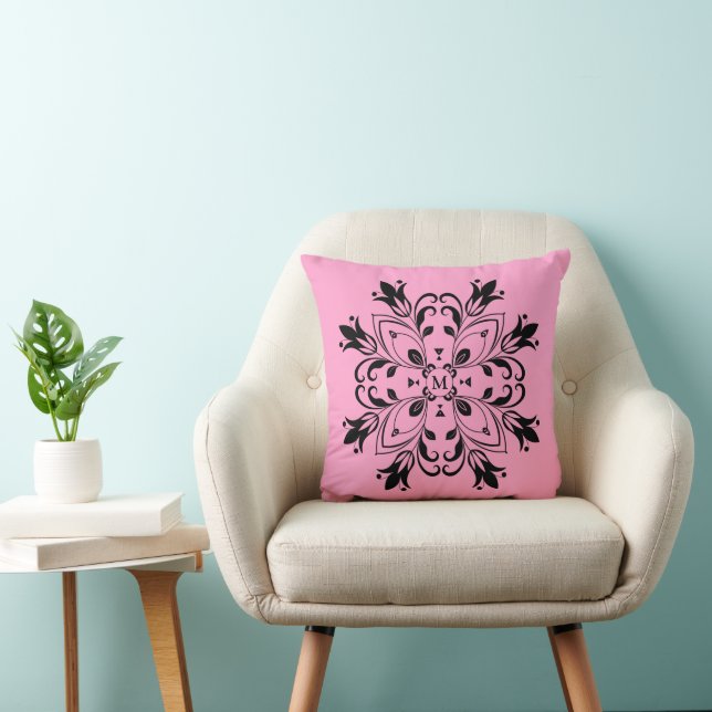 Coussin Monogramme Floral Noir Mandala (Chaise)