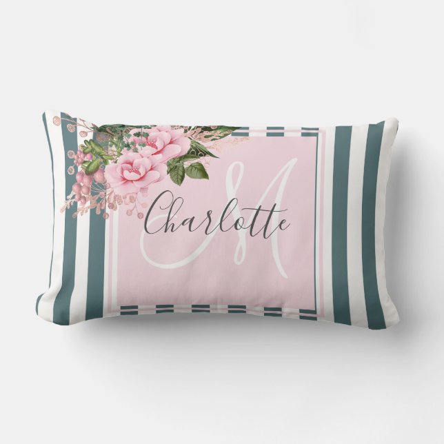 Coussin monogramme floral rayures océaniques rose vif (Recto)