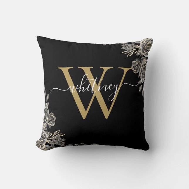 Coussin Monogramme floral Rose noir et or Nom du script (Recto)