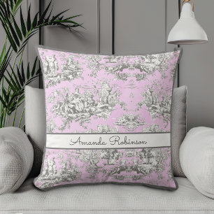 Coussin Monogramme Floral Rose Vintage Toile de Jouy