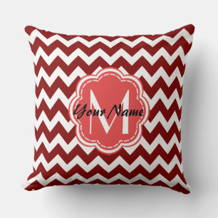 Coussin Monogramme floral rouge Chevron, Nom personnalisé