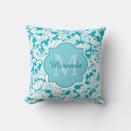Coussin Monogramme Floral Turquoise Moderne Avec Nom