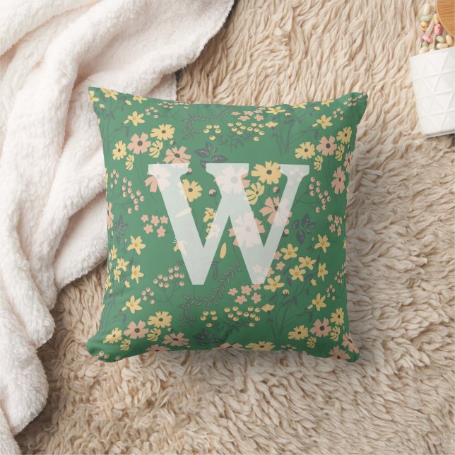 Coussin Monogramme floral vert Boho moderne initial (Couverture)