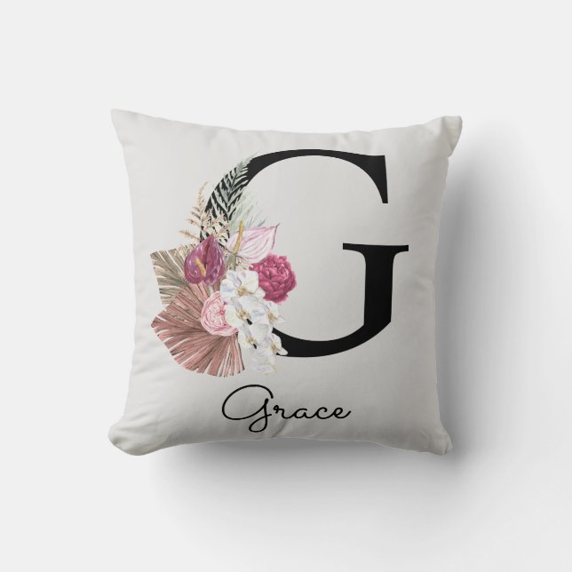 Coussin Monogramme G initiale floral rose boho (Recto)