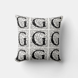 Coussin Monogramme G Modèle floral noir et blanc initial
