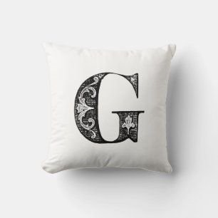 Coussin Monogramme G Modèle floral noir et blanc initial