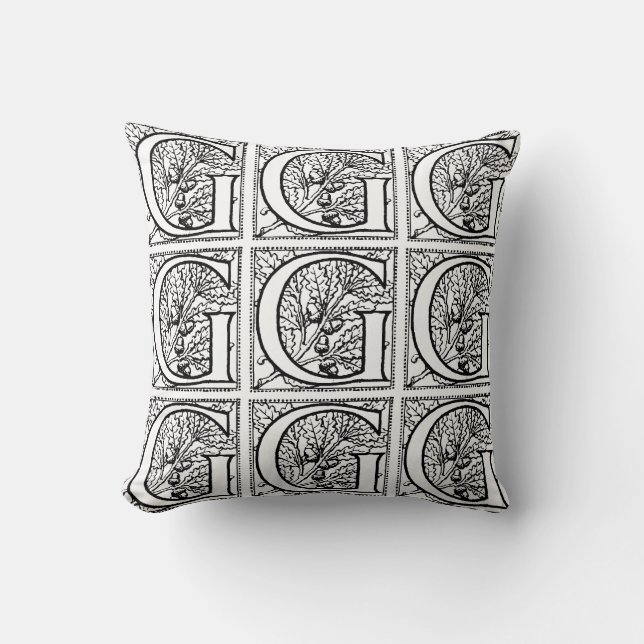 Coussin Monogramme G Modèle floral noir et blanc initial (Recto)