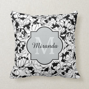 Coussin Monogramme Girly floral blanc noir moderne avec le