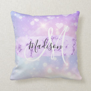 Coussin Monogramme Girly Sparkly Unicorn Rainbow Heart