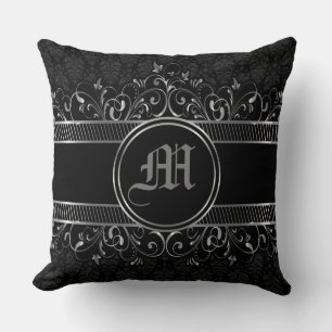 Coussin Monogramme gothique orné noir et argent