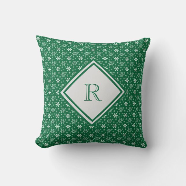Coussin Monogramme Green White Snowflics Noël d'hiver (Recto)