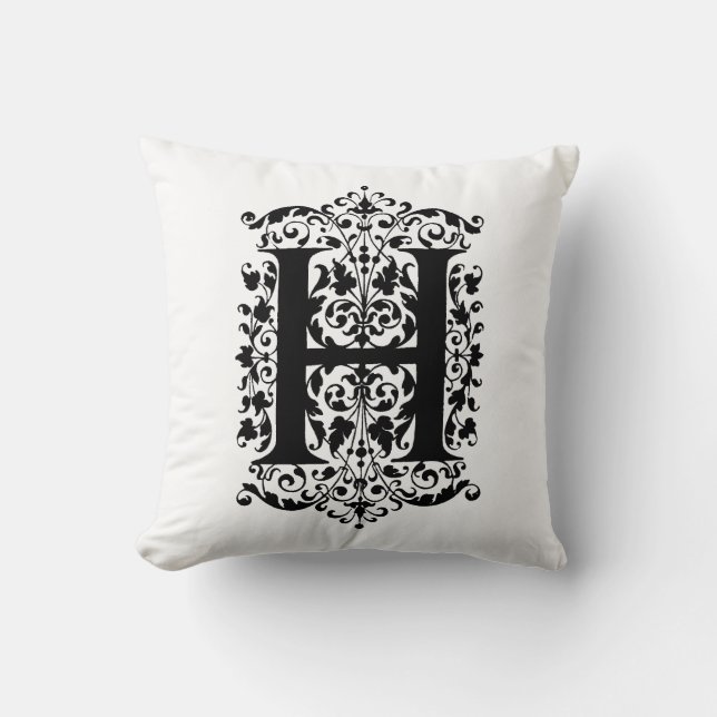 Coussin Monogramme H Modèle floral noir et blanc initial (Recto)