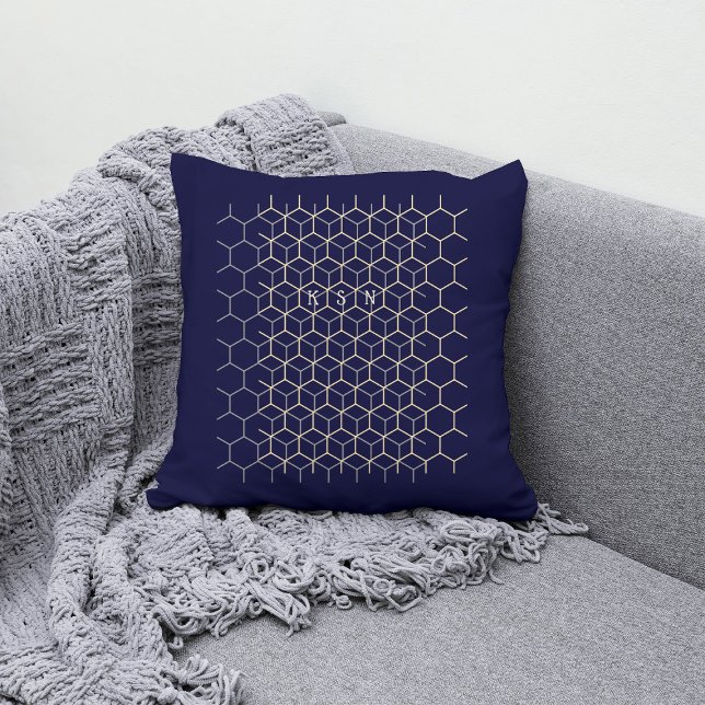 Coussin Monogramme hexagone motif bleu foncé geek initiale (Créateur téléchargé)