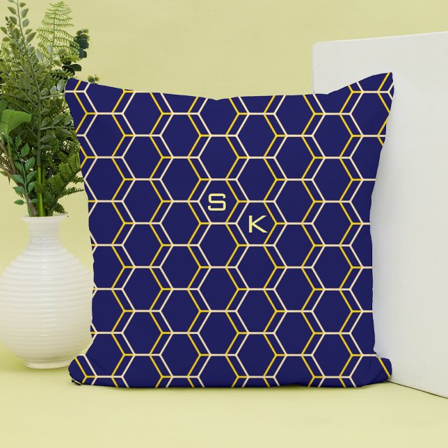 Coussin Monogramme hexagone motif bleu jaune Manly Élégant (Créateur téléchargé)