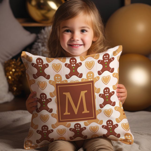 Coussin Monogramme homme en pain d'épice mou (Monogrammed Gingerbread man decorator Christmas/holiday pillow)