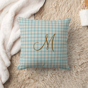 Coussin Monogramme Initial Brun Bleu Clair et Tan à Carrea