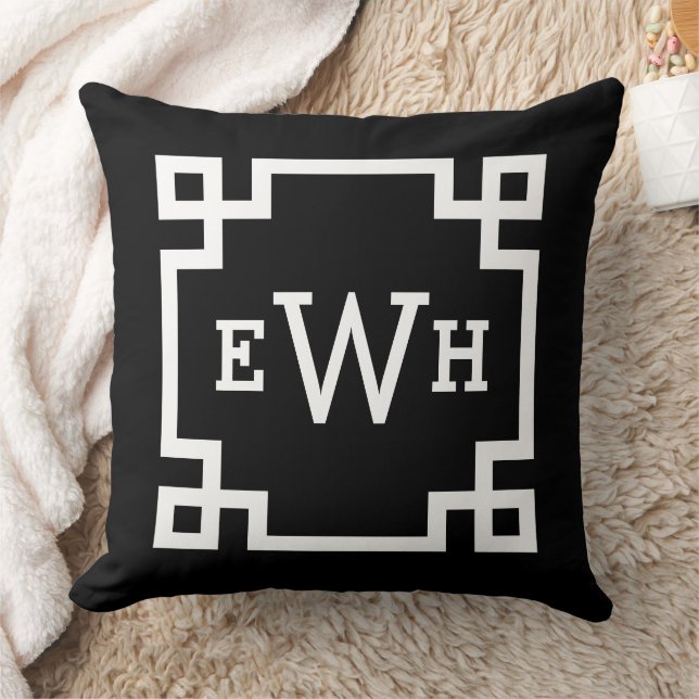 Coussin Monogramme Initial Clé Grecque Blanc Noir Gras (Couverture)