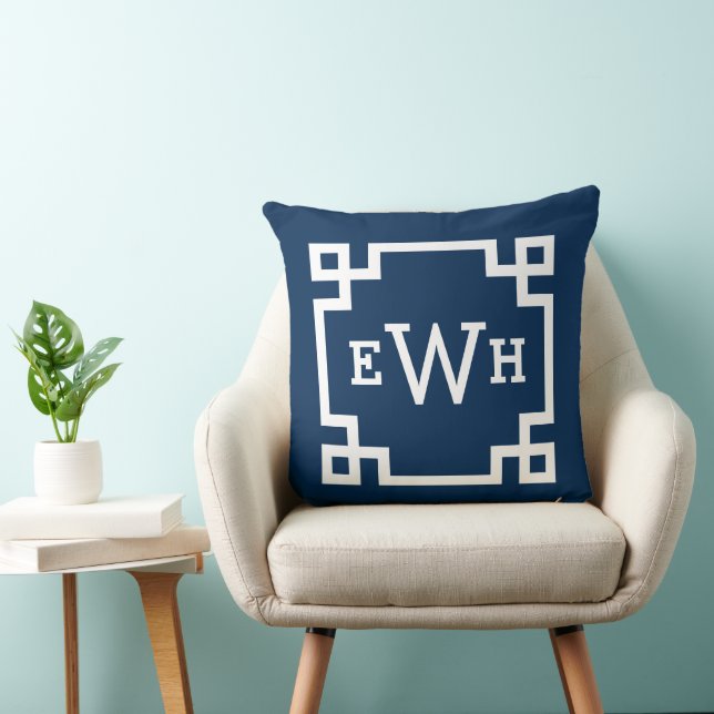 Coussin Monogramme Initial Clé Grecque Navy Classique (Chaise)