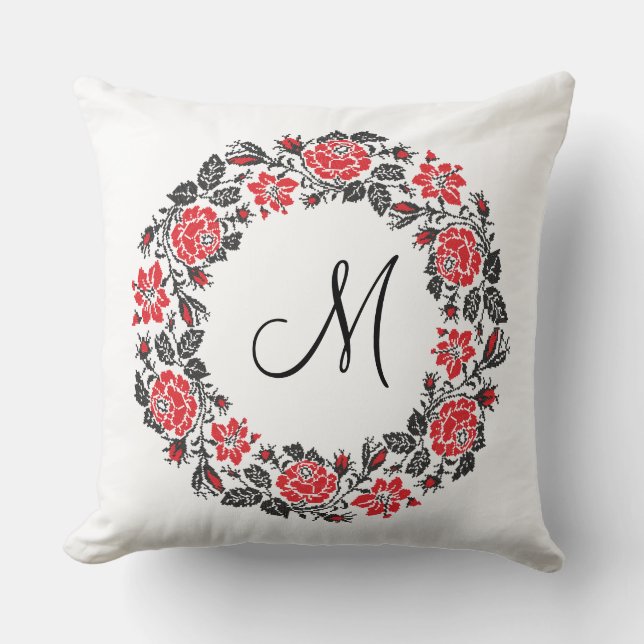 Coussin Monogramme initial des roses rouges à point croisé (Recto)