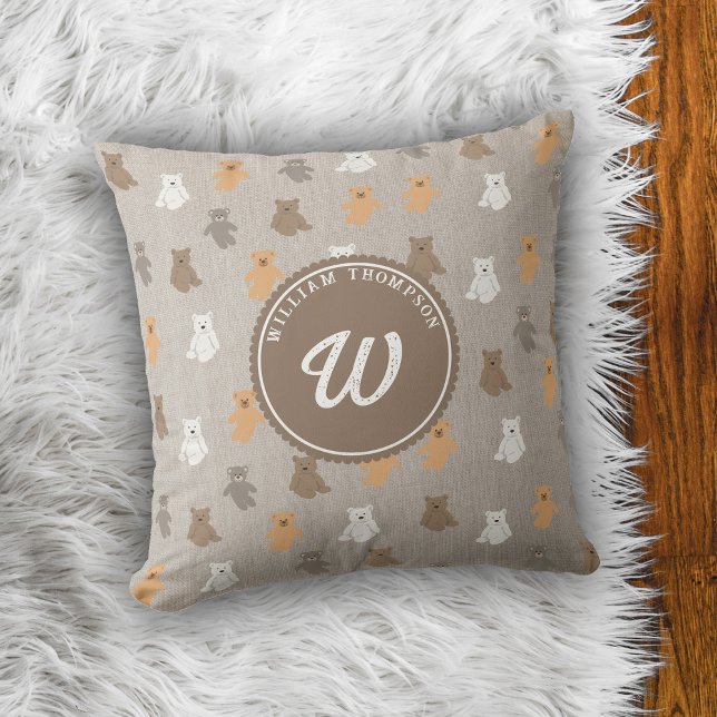 Coussin Monogramme initial du Motif de l'ours mou (Cute Bear Pattern Initial Monogram Throw Pillow)