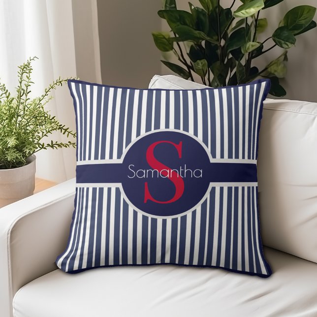 Coussin Monogramme Initial Élégant Rayé Navy Rouge (Créateur téléchargé)