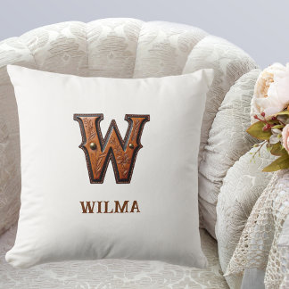 Coussin Monogramme Initial en Cuir Occidental Outilé W