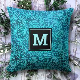 Coussin Monogramme initial feuille turquoise motif moderne