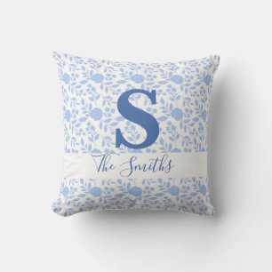 Coussin Monogramme initial Floral blanc et bleu clair