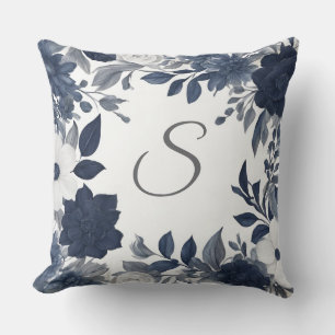Coussin Monogramme Initial Navy Bleu Gris Floral Maison de