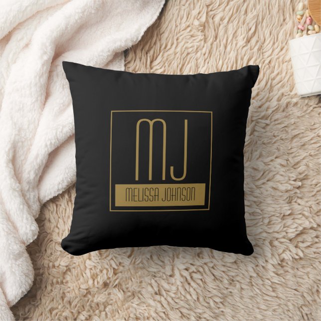 Coussin Monogramme initial noir et or moderne (Couverture)