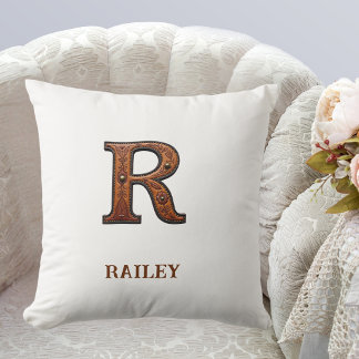 Coussin Monogramme initial R en cuir western travaillé