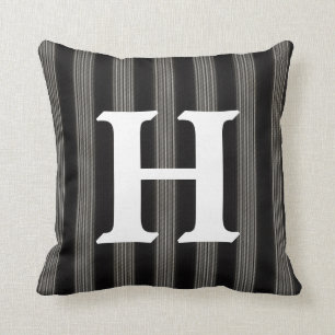 Coussin Monogramme initial rayé noir et blanc classique