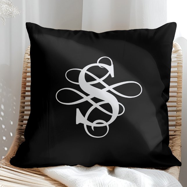 Coussin Monogramme initial Tourbillonnant noir et blanc (Créateur téléchargé)