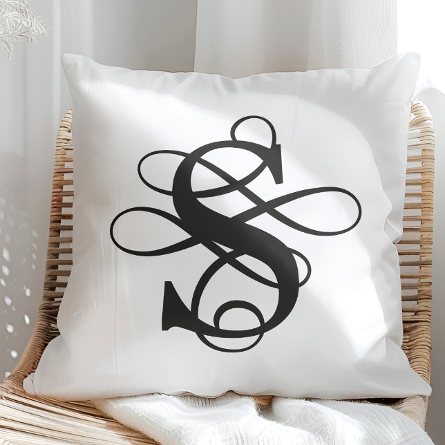 Coussin Monogramme initial Tourbillonnant noir et blanc (Créateur téléchargé)