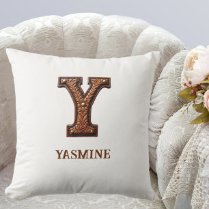 Coussin Monogramme initial Y en cuir western travaillé