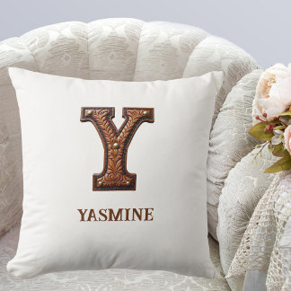 Coussin Monogramme initial Y en cuir western travaillé