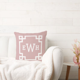 Coussin Monogramme Initiale Clé Grecque Rose Élégant