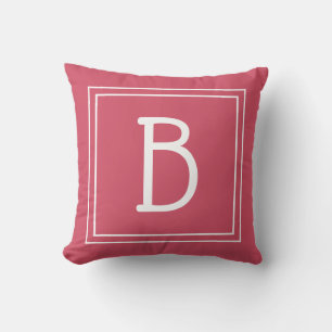 Coussin Monogramme initiale encadrée chic rose chaud et bl