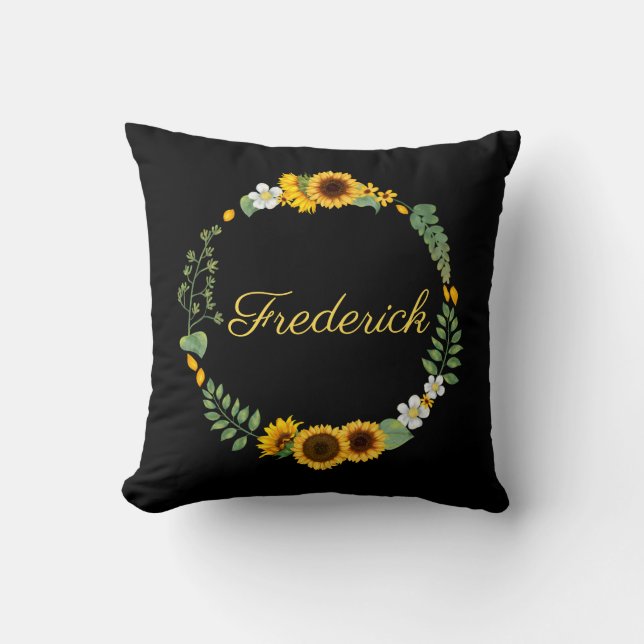 Coussin Monogramme Initiales de Nom Tournesols Floral Noir (Recto)