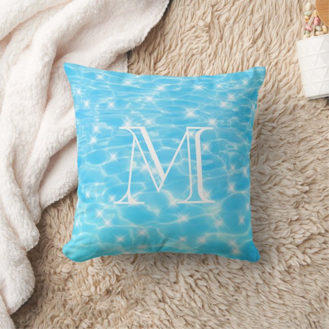 Coussin Monogramme Initiales eau bleue ondulée texture de  (Couverture)