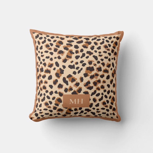 Coussin Monogramme initiales moderne motif léopard marron (Recto)