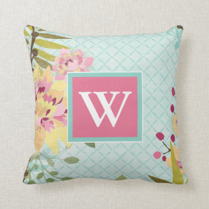 Coussin Monogramme   Jardin floral, Arrière - plan bleu