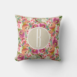 Coussin Monogramme Kraft Rustique Fleurs Florales Colorées