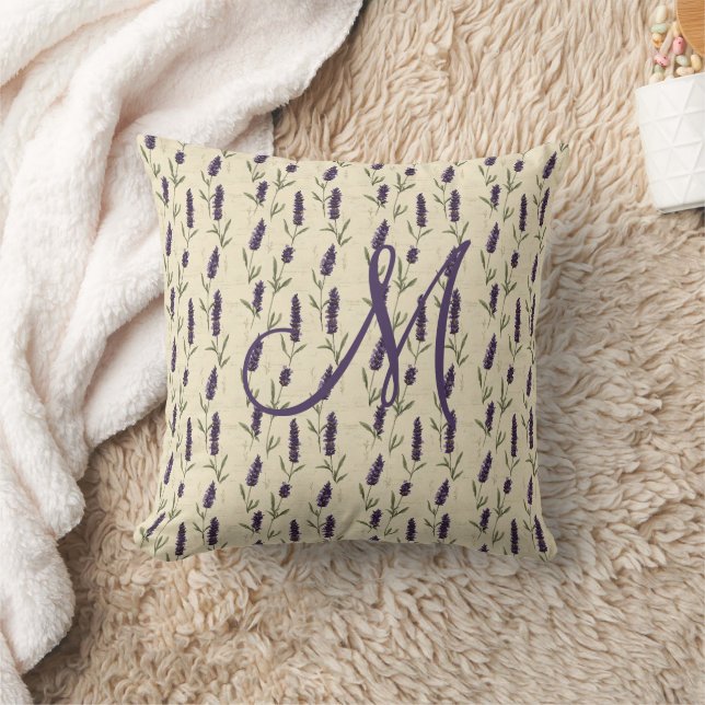 Coussin Monogramme lavande violet beige floral botanique (Couverture)